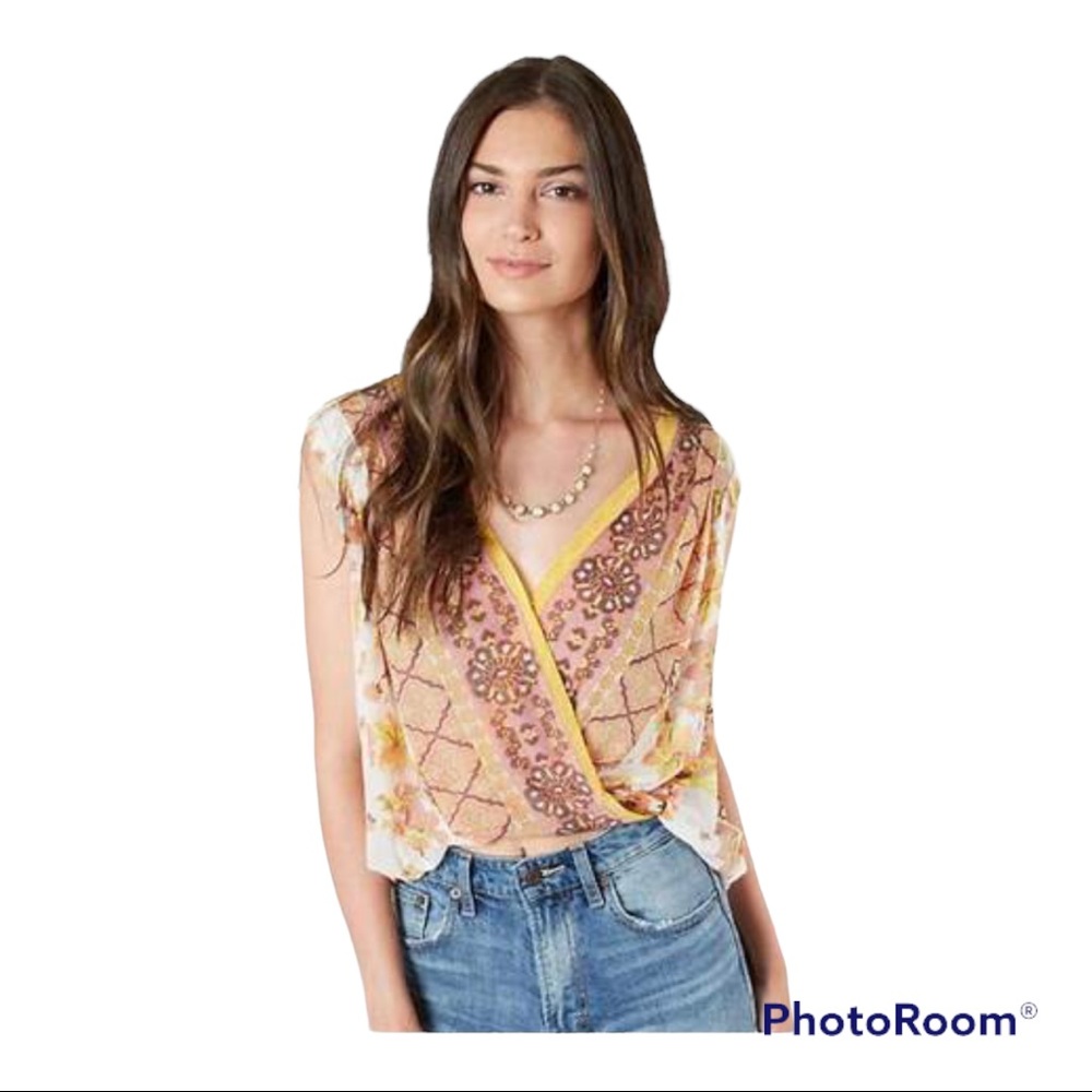 Free People Ivory Floral Sleeveless Wrap Top Sz Small